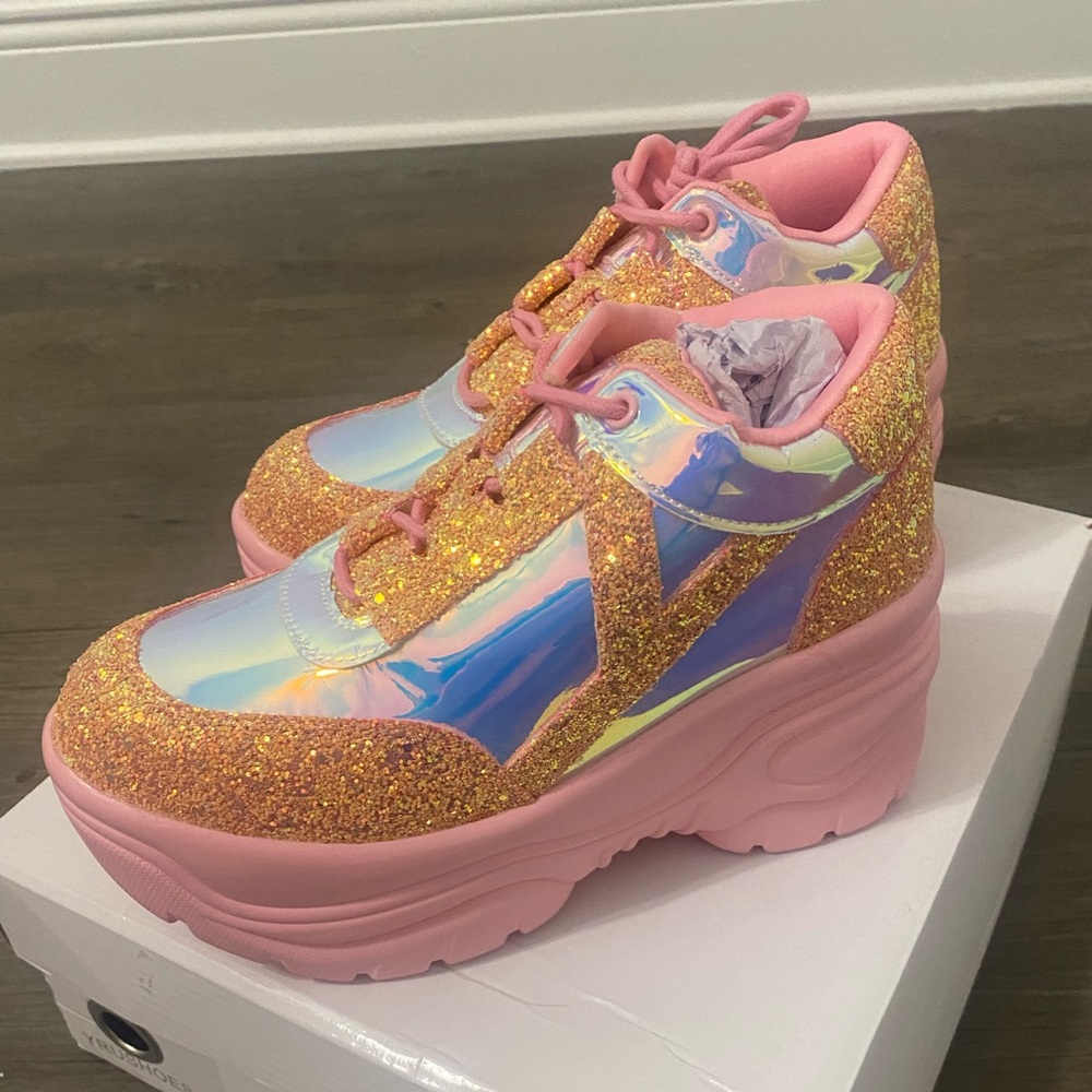 NIB YRU Matrixx Pink Glitter Platform Sneakers - Picture 4 of 9
